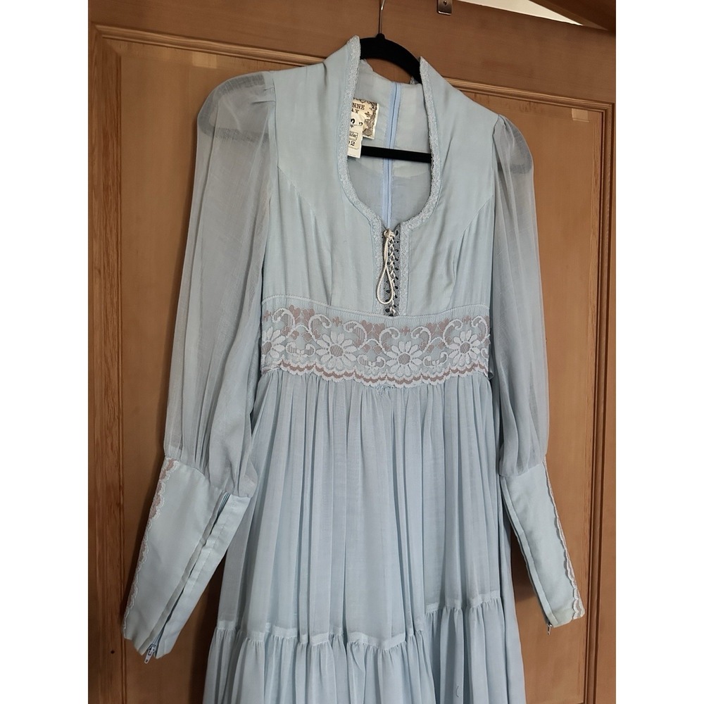 Vintage Gunne Sax Blue Dress 7 Cottage Lace Corset Lace Prairie - Picture 2 of 6